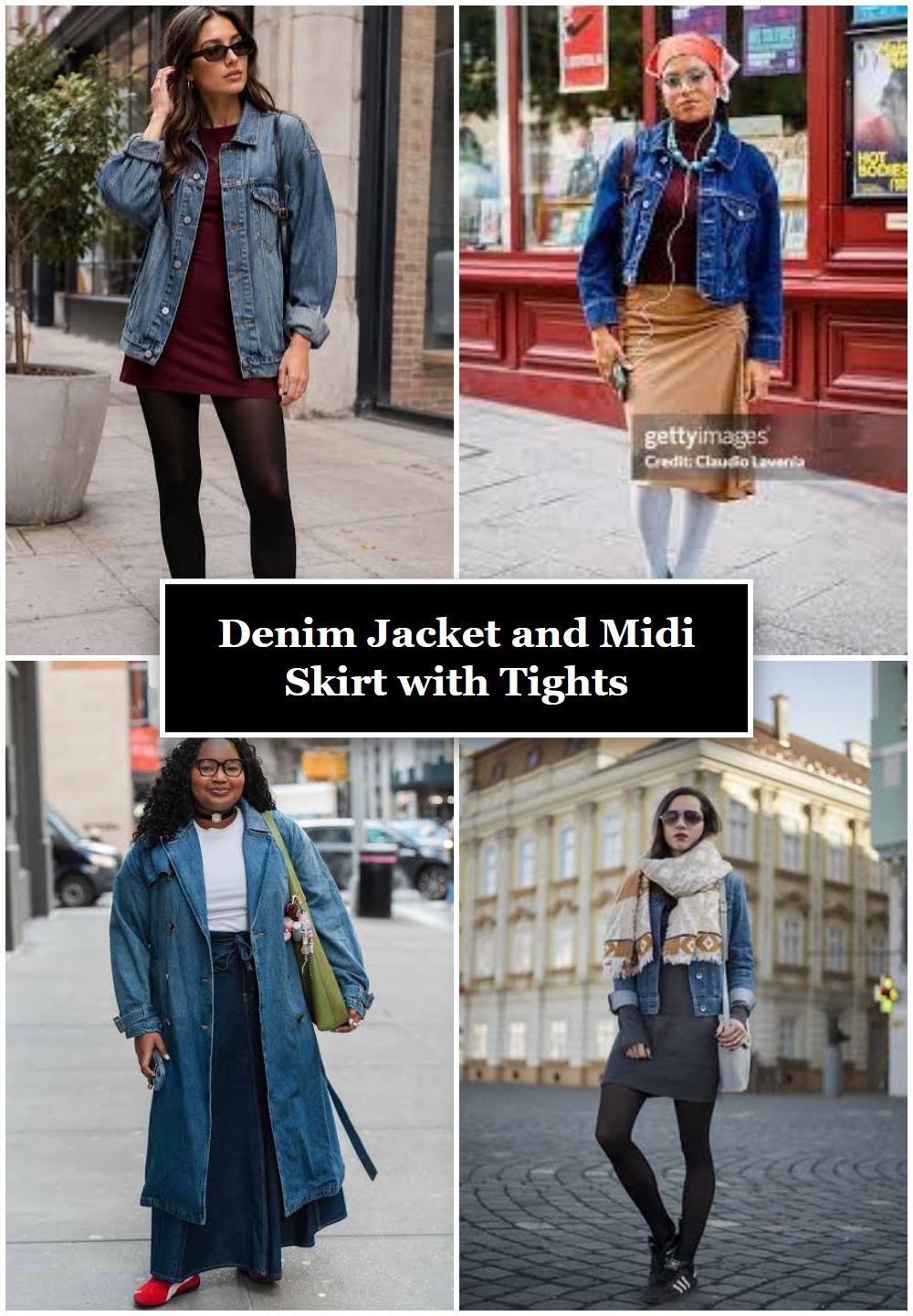 Denim Jacket and Midi Skirt with Tights