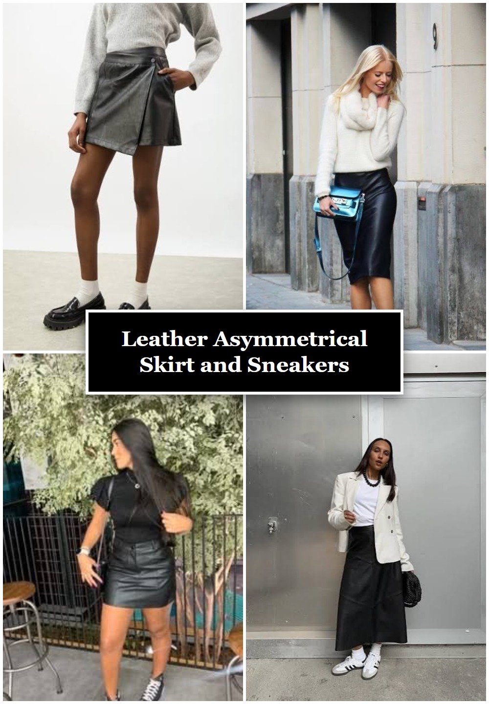 Leather Asymmetrical Skirt and Sneakers