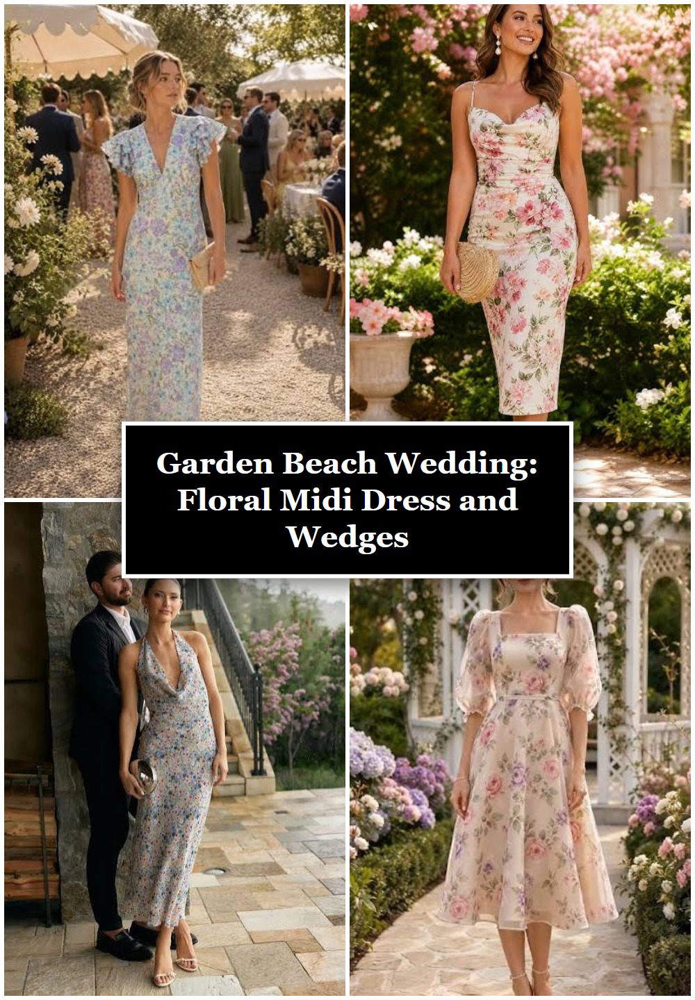 Garden Beach Wedding: Floral Midi Dress and Wedges